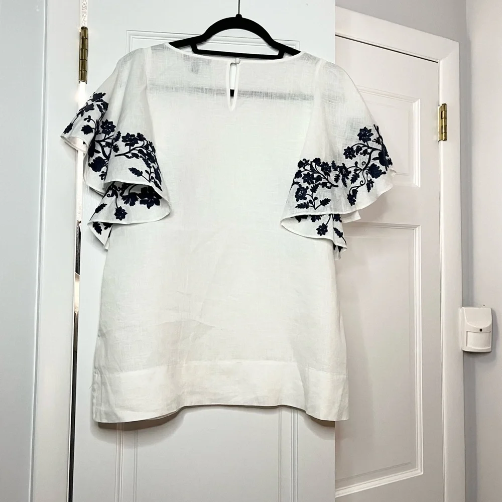 J. Crew White Linen Blouse with Blue Floral Embroidery - Picture 4 of 6